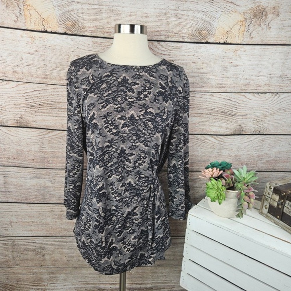 5/$25 ELLE Lace‎ Top 3/4 Sleeve Tunic Blouse Elegant Casual Gray Black XL